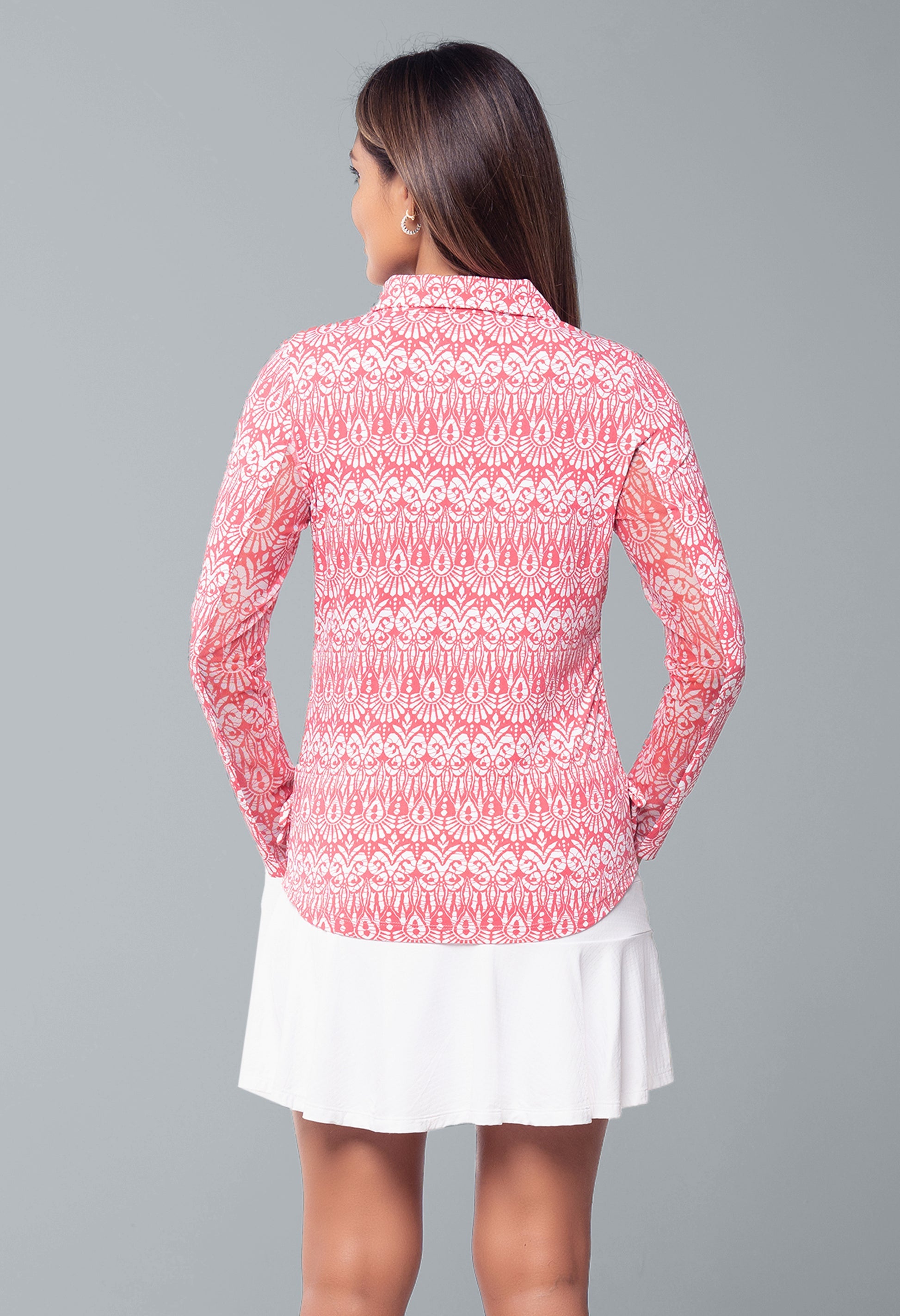 IBKUL Barbara Print Adjustable Length Long Sleeve Polo - 0