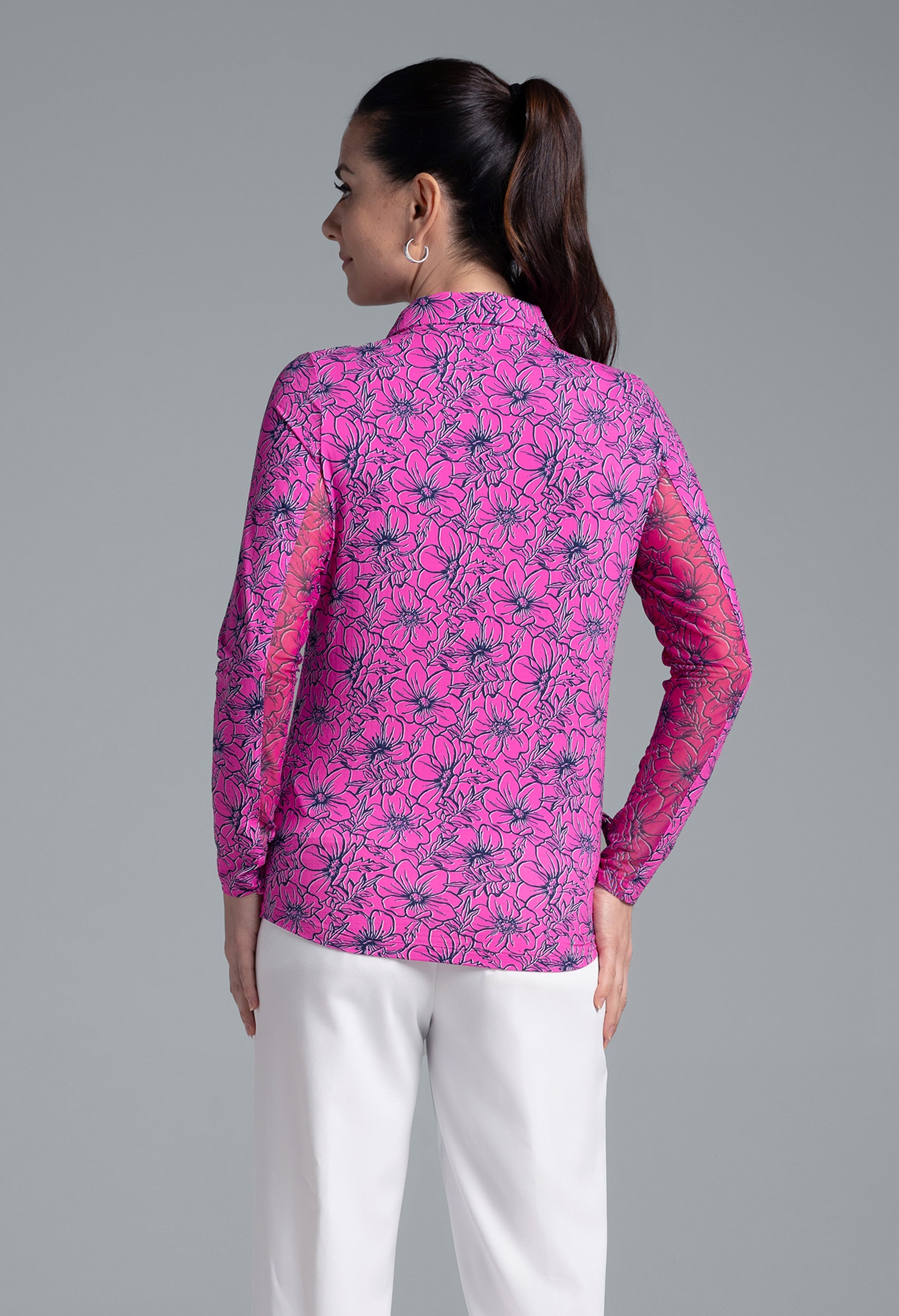IBKUL Diana Print Adjustable Length Long Sleeve Polo - 0